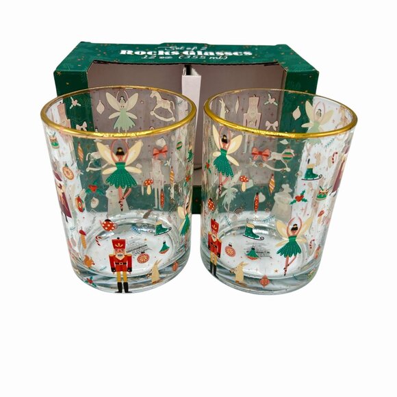 NIB NORDSTROM SET OF 2 CHRISTMAS HOLIDAY NUTCRACKER SUITE GOLD RIM ROCKS GLASSES - Picture 2 of 6